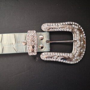 Leather Blue Crocodile Print Rhinestone Studded Silver Tone Metal Buckle Belt